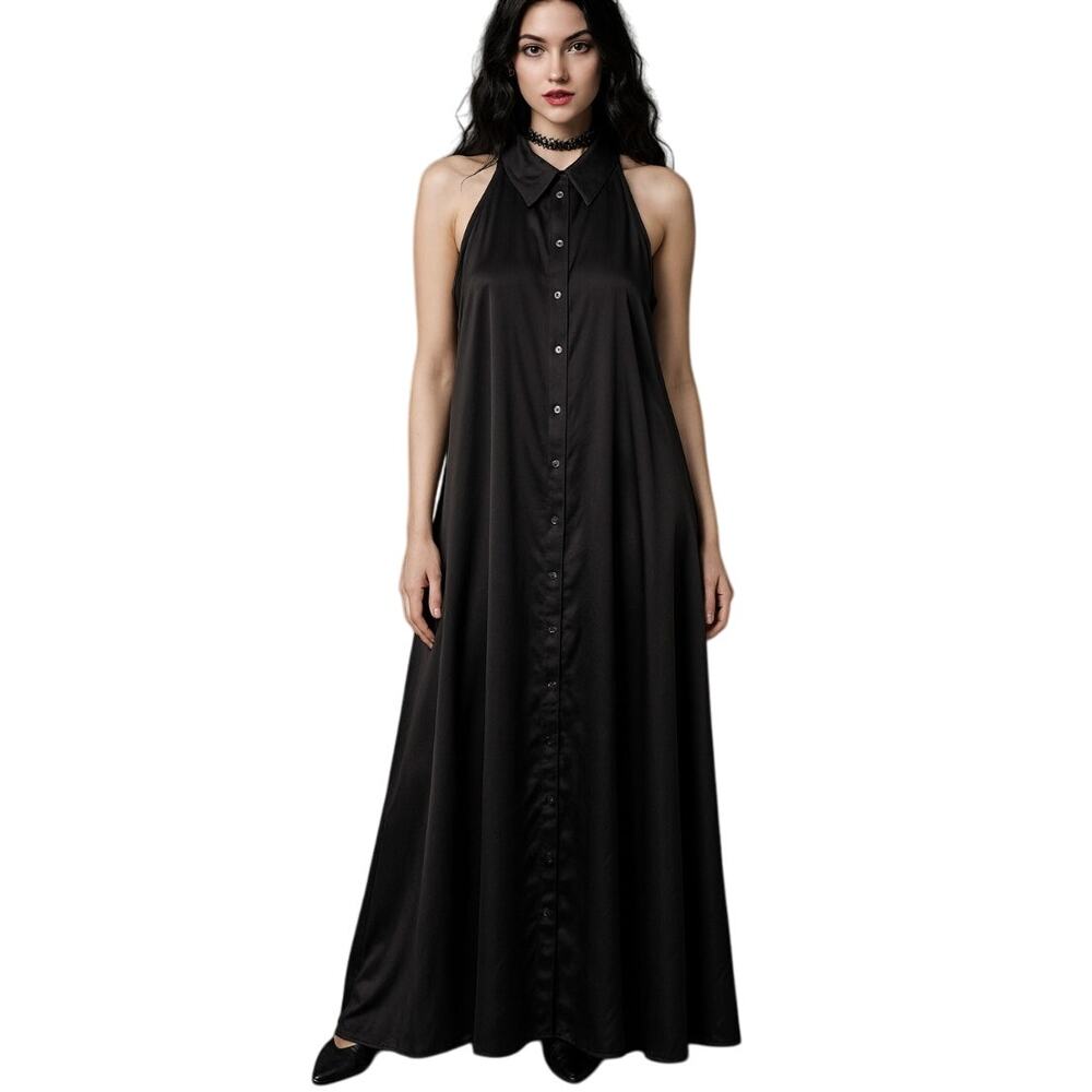 Zara Black Satin Maxi Dress Haltar Collared Button Front Whimsygoth Versatile